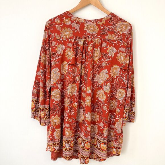 Lucky Brand Red Floral Print Bohemian Peasant Tunic Top Womens Size 2X - Picture 6 of 9